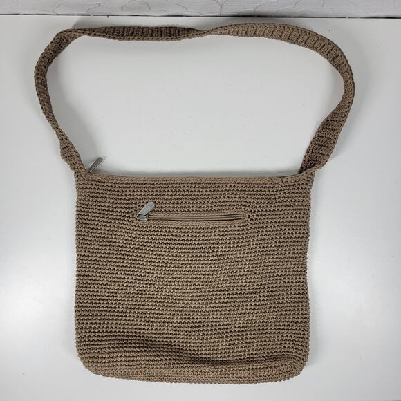Vintage Sak Crochet Shoulder Bag 10" Dark Tan Nylon Ladies Handbag Pockets - Picture 1 of 16
